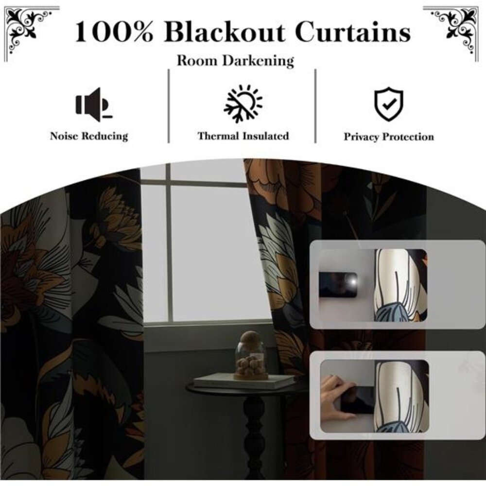 Floral Boho Blackout Curtains for Bedroom 52inch wide by 84 inch Long (2 Panels) - Picture 3 of 7